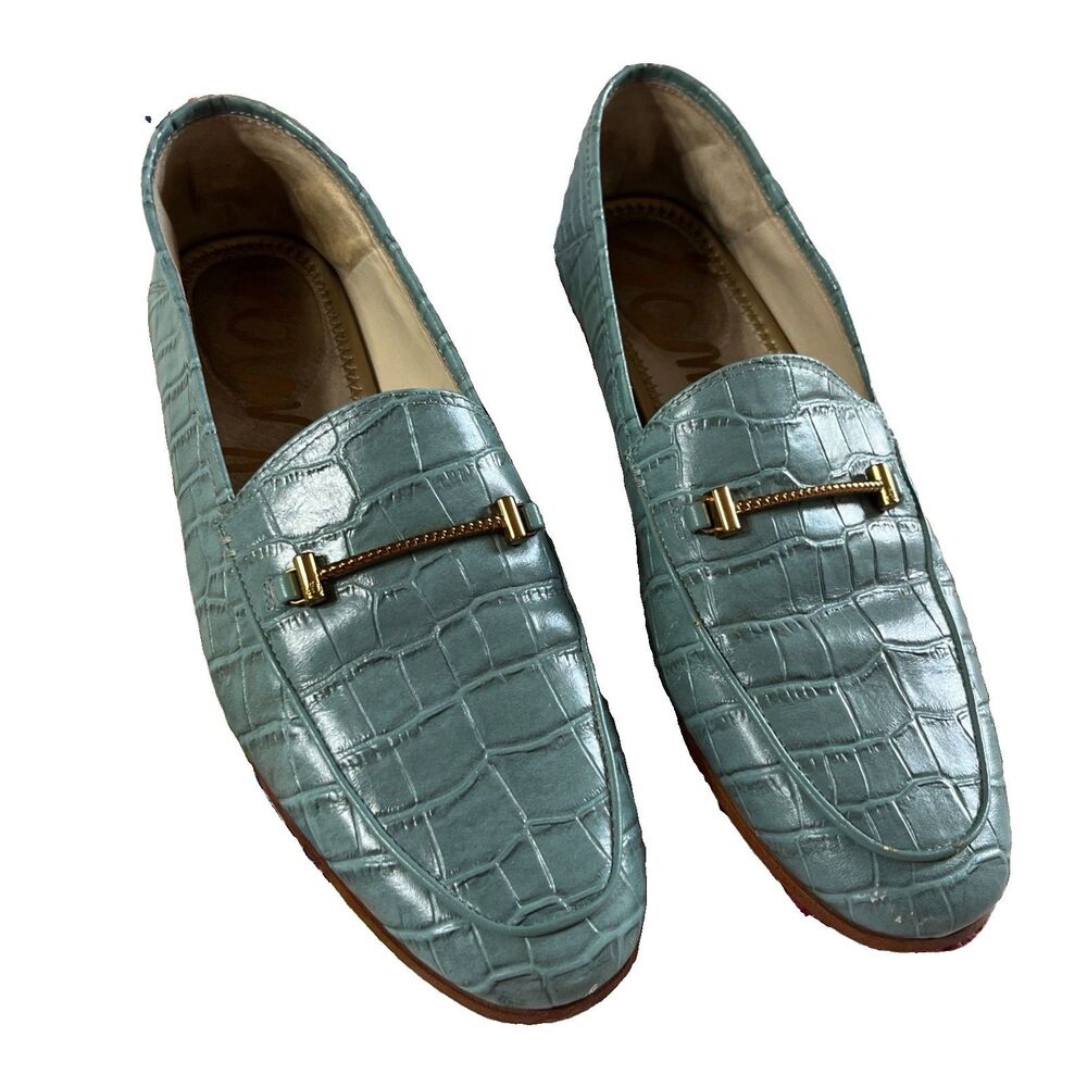 Sam Edelman Croc-Embossed Loafers with Gold Bit - Light Blue